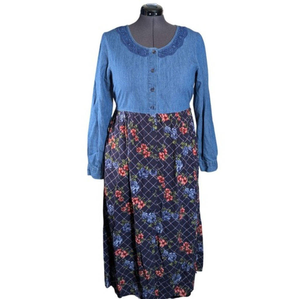 Vintage 90s Cottagecore Maxi Dress XL Denim Floral Plaid Button Up Lace Applique